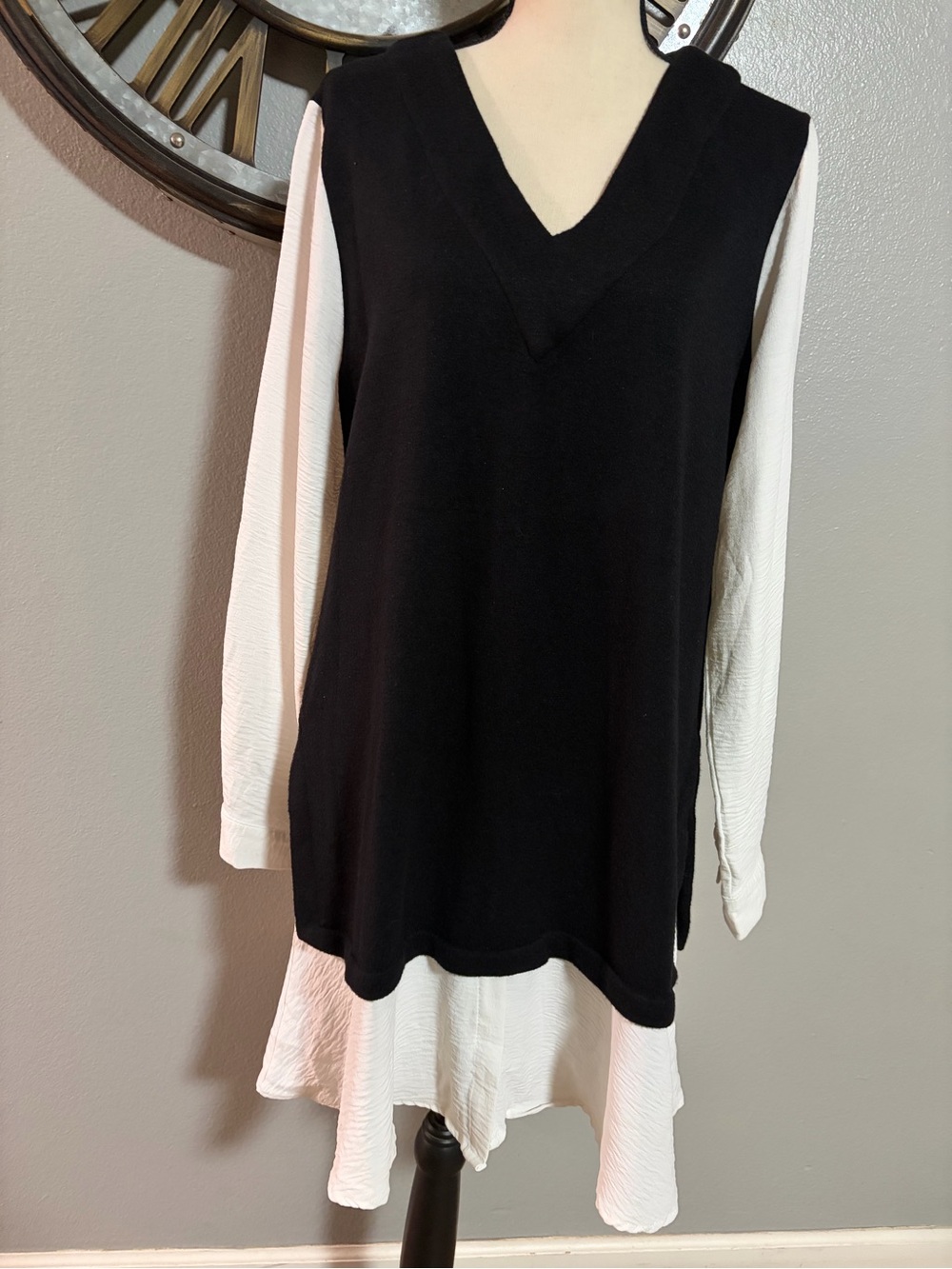 DKNY Black V-Neck Layered Dress over white.